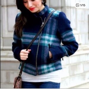 GAP- Plaid Moto Cropped Jacket Green Blue Wool Blend Quilted Lined, Size S